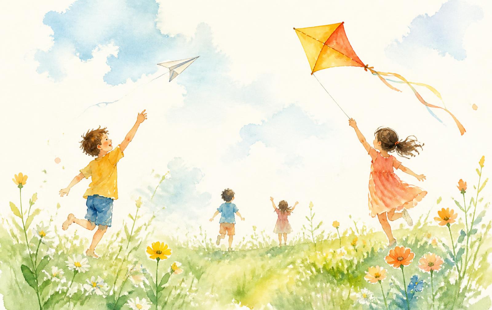 Bright watercolour illustration of children flying a kite in a flower meadow