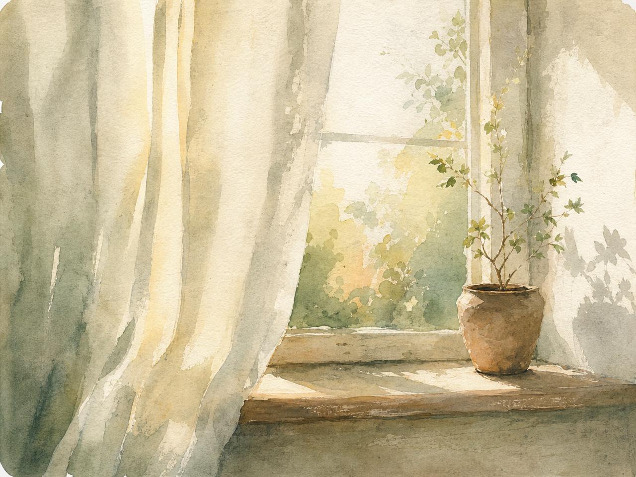 Watercolour painting of morning light falling through a quiet window