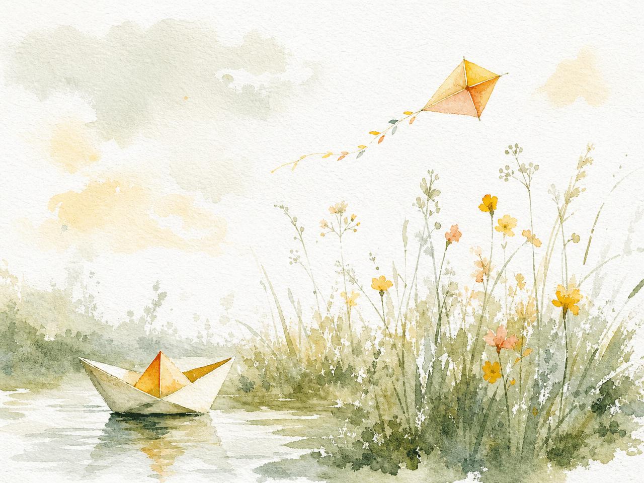 Watercolour painting of a paper boat and a kite drifting over meadow grass