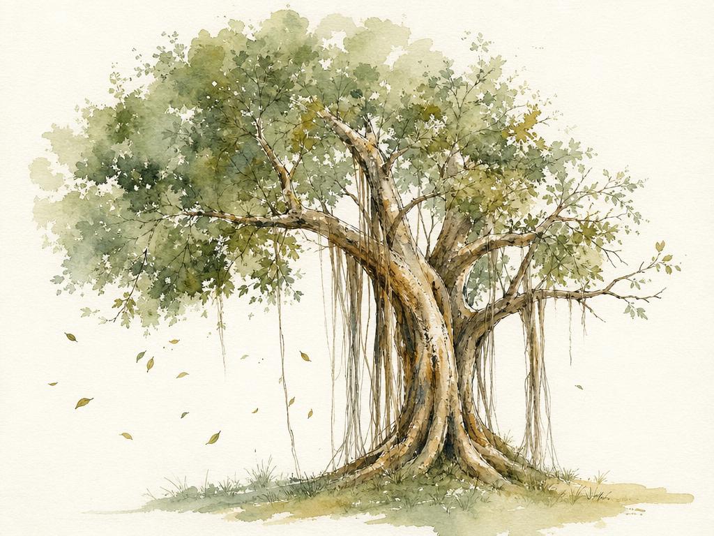 Watercolour painting of a tree with intertwined roots and new leaves