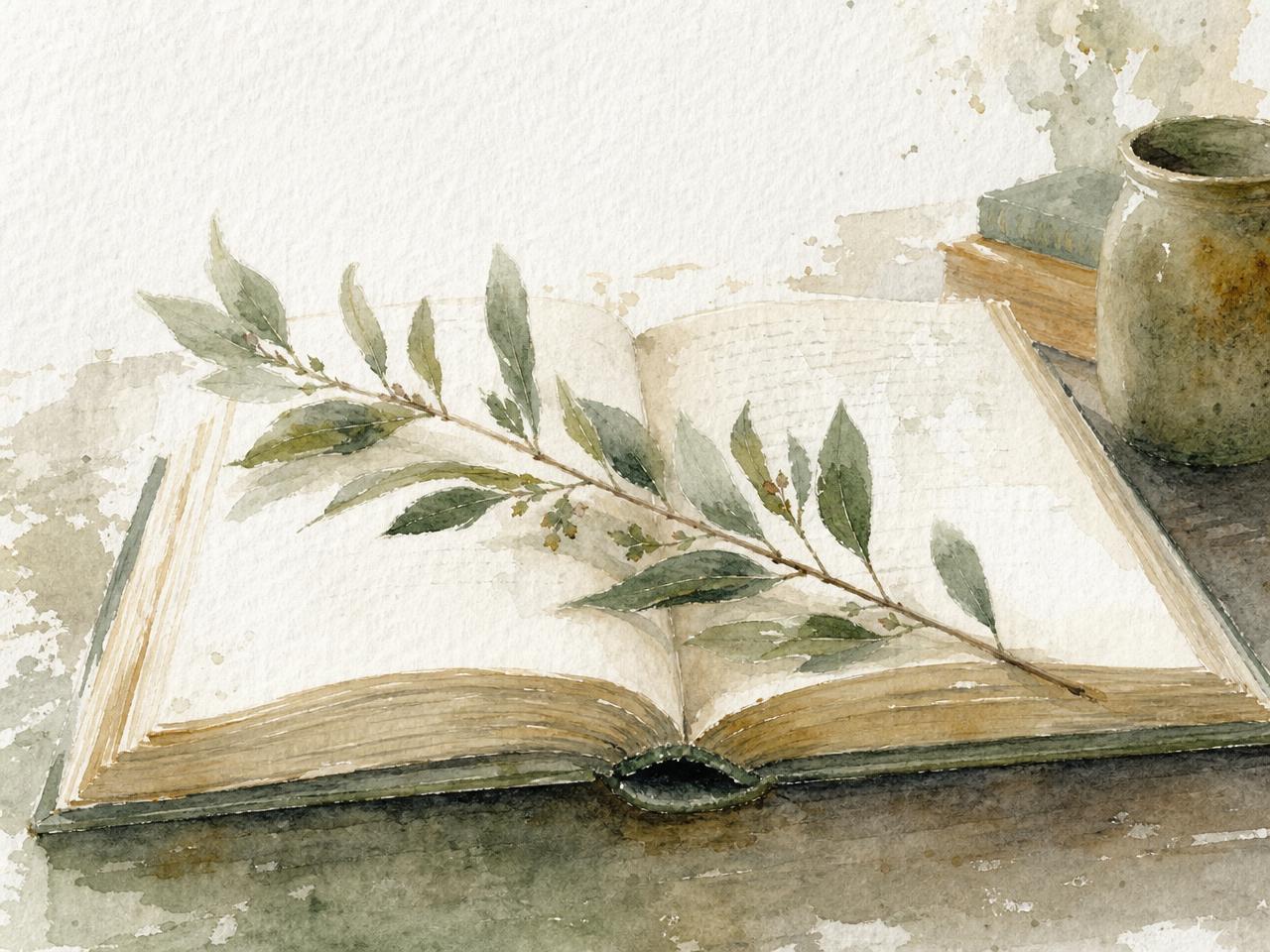 Watercolour painting of an open book with a leafy sprig resting on the page