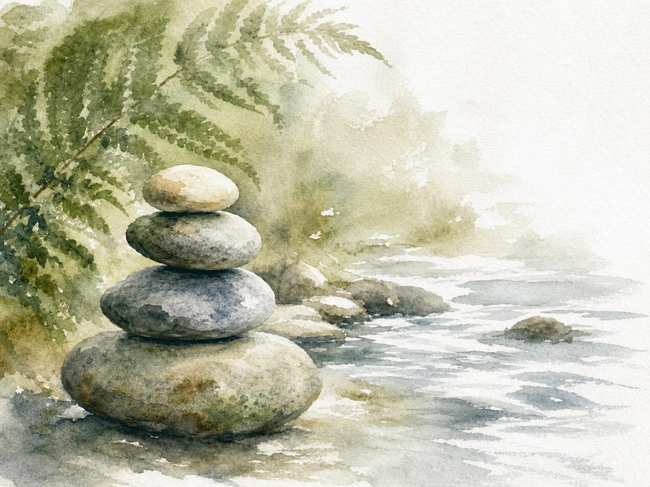 Watercolour painting of balanced river stones with a fern frond