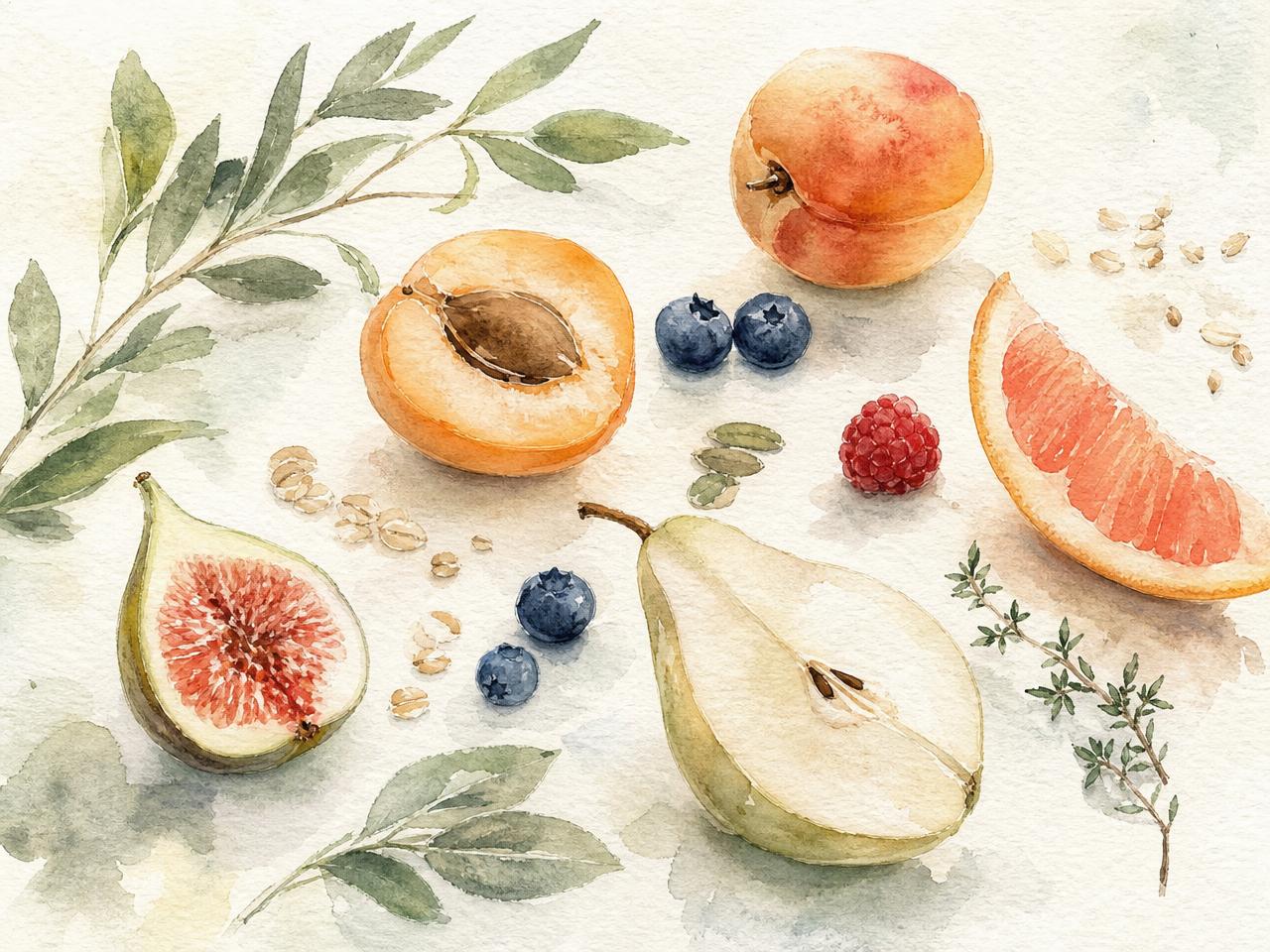 Watercolour painting of fruit, grains and herb leaves