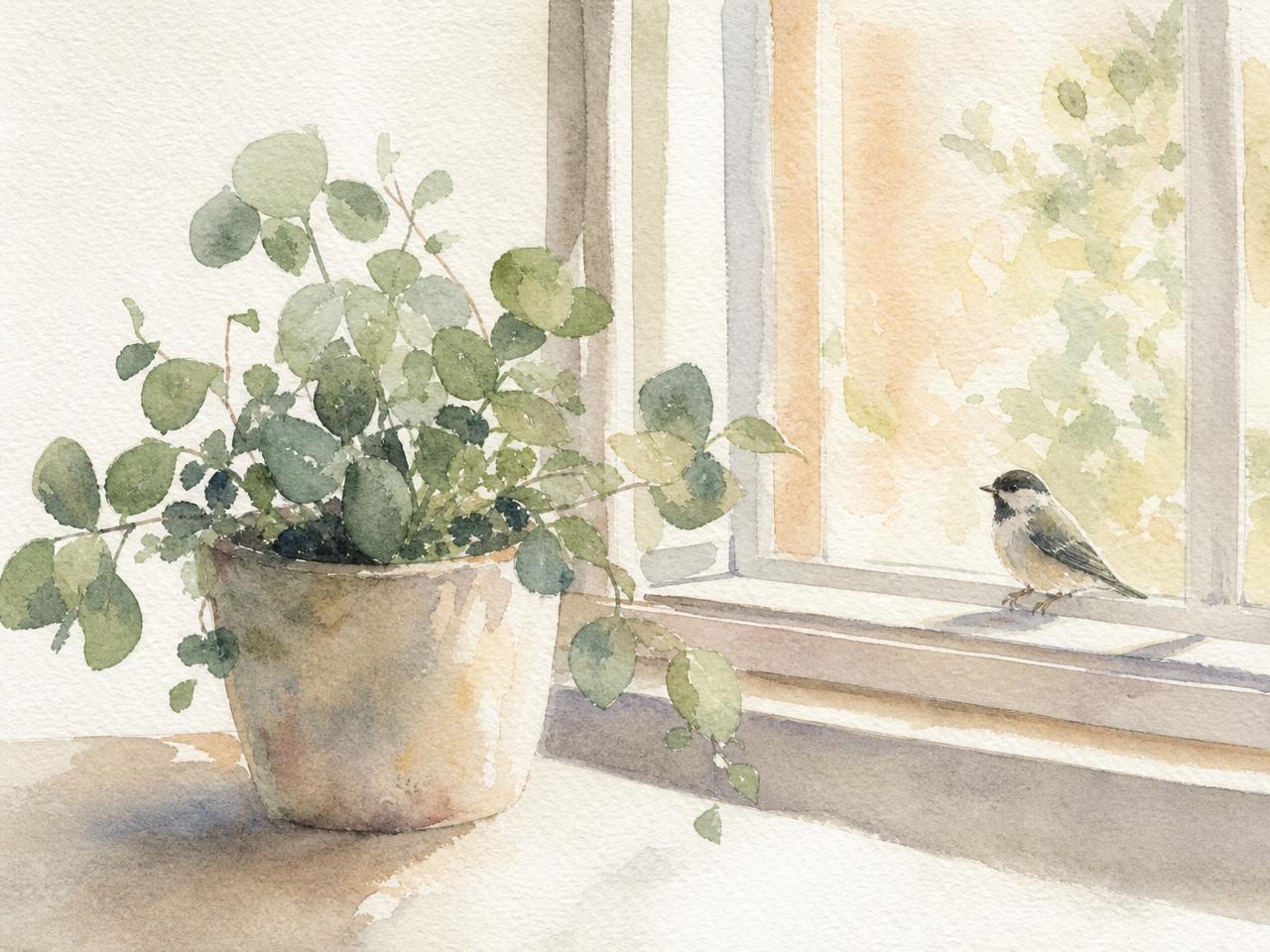 Watercolour painting of a desk plant by a window with a small bird on the sill