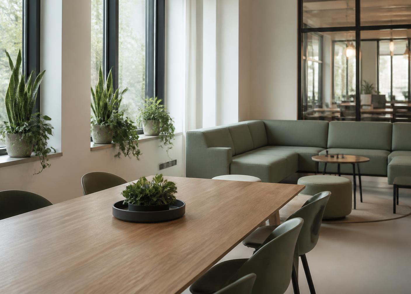 A calm office breakout space with wooden table, sage seating and plants
