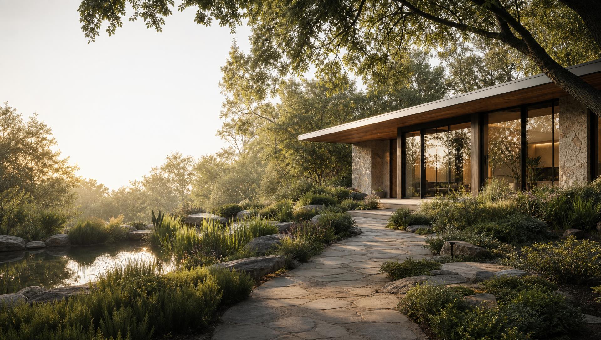 Early morning light on the stone pathway leading to a contemporary garden home