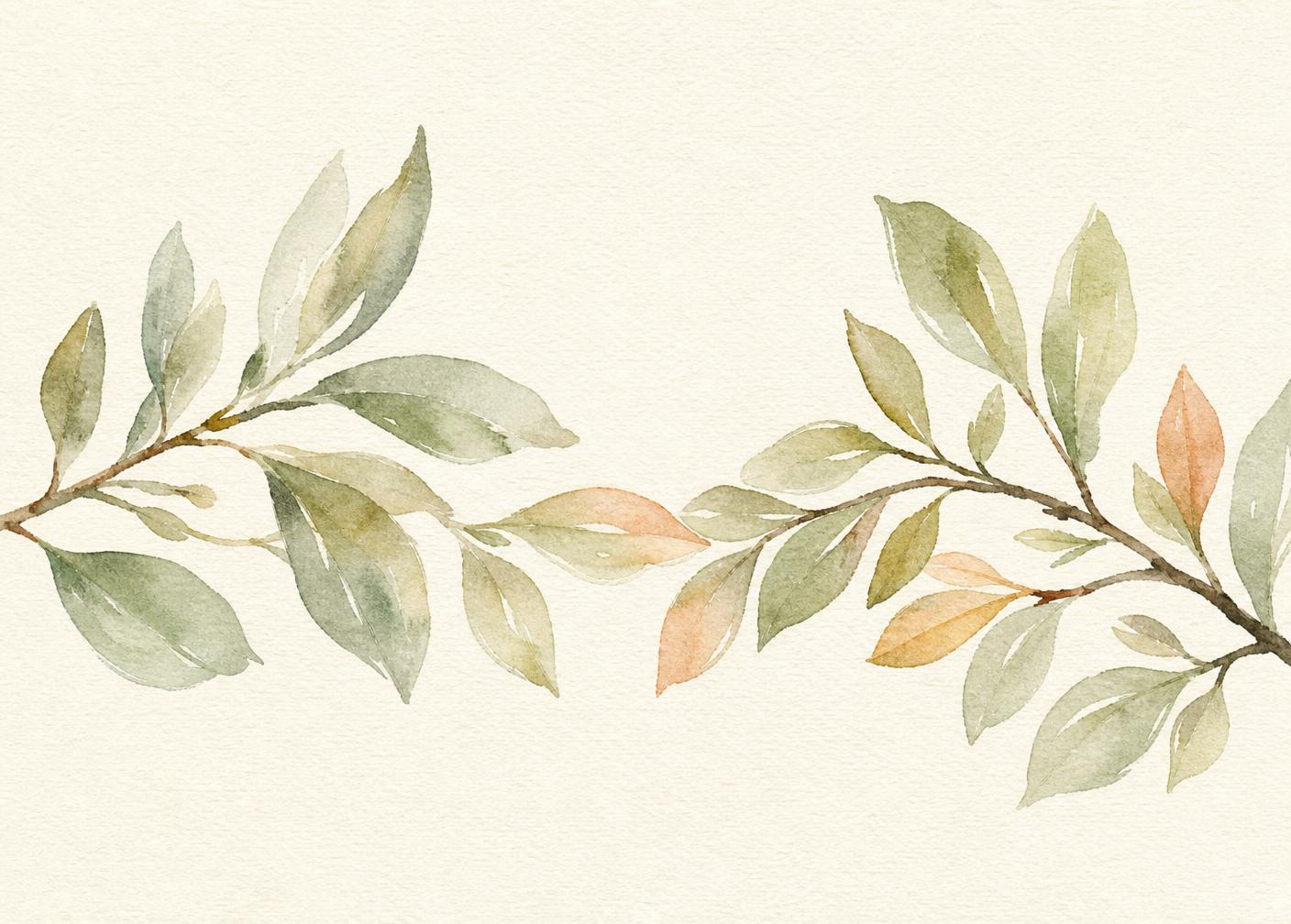 Watercolour of two branches whose leaves are beginning to overlap