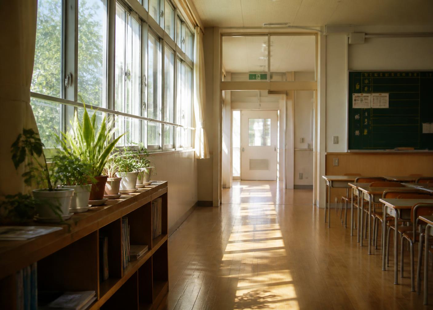 A sunlit school corridor with plants along the window ledge