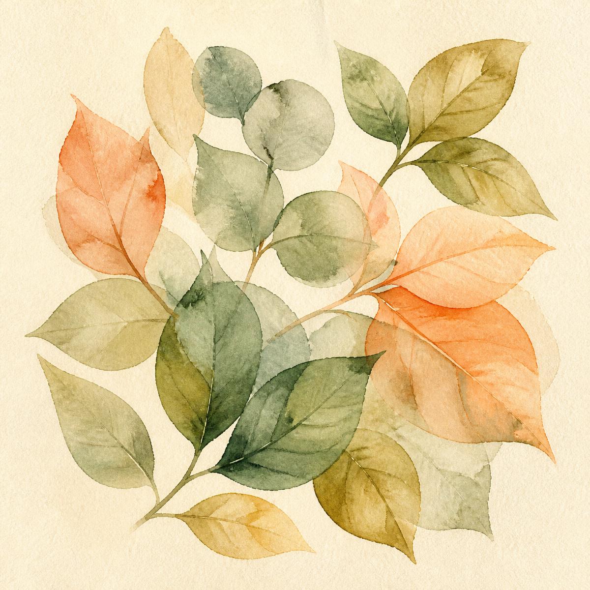 Watercolour illustration of overlapping leaves in sage green and soft apricot