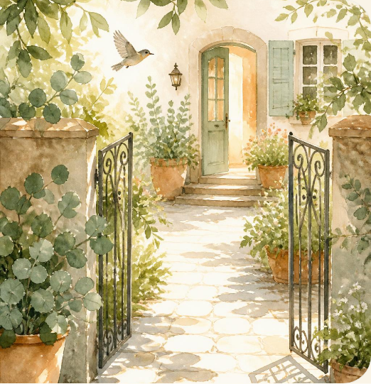 Soft watercolour wash of leaves in sage and apricot tones